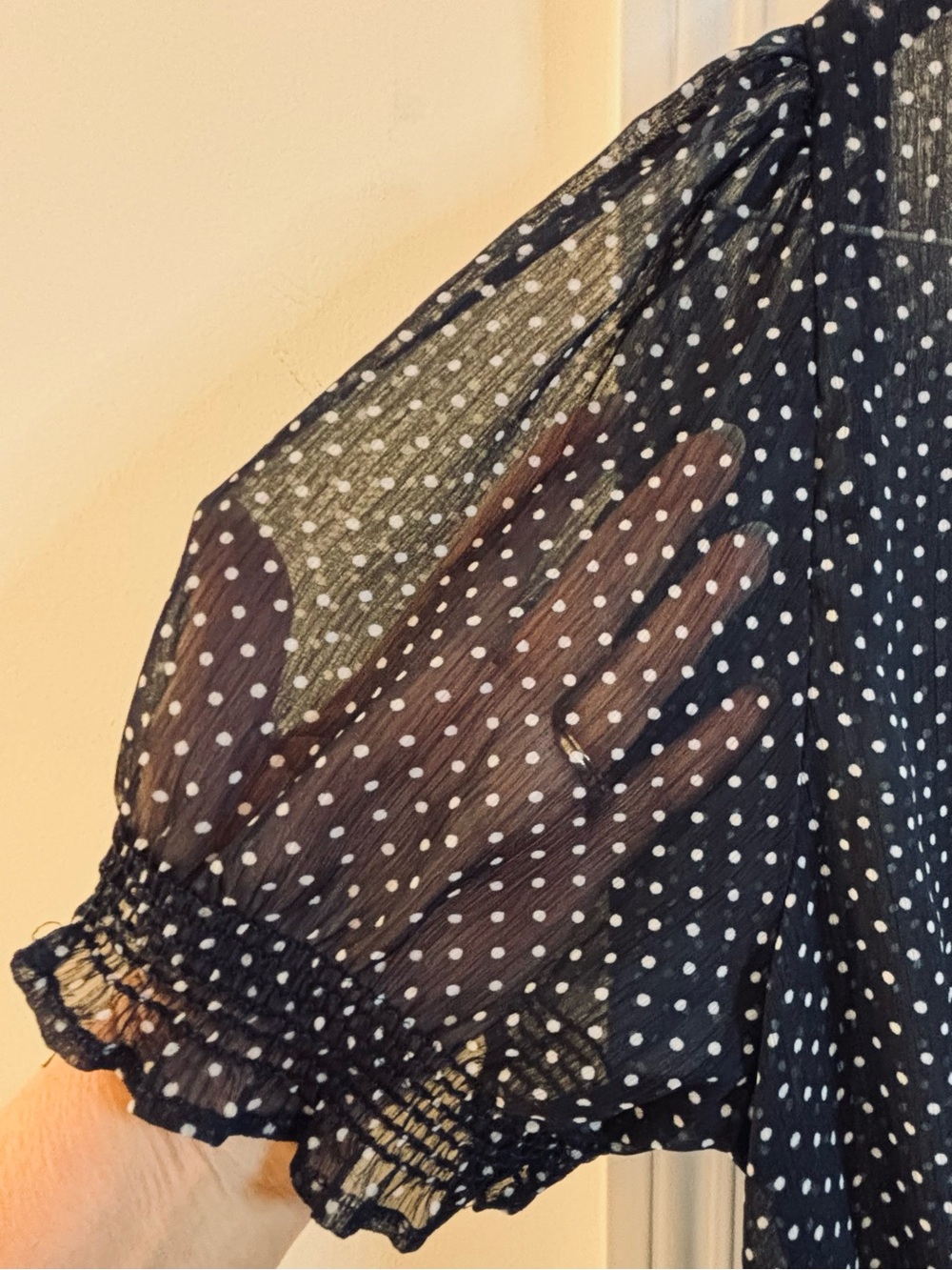 Jennifer & Grace Blouse Black White Polka Dot sheer puff ruffle tie elastic XL - Picture 5 of 8